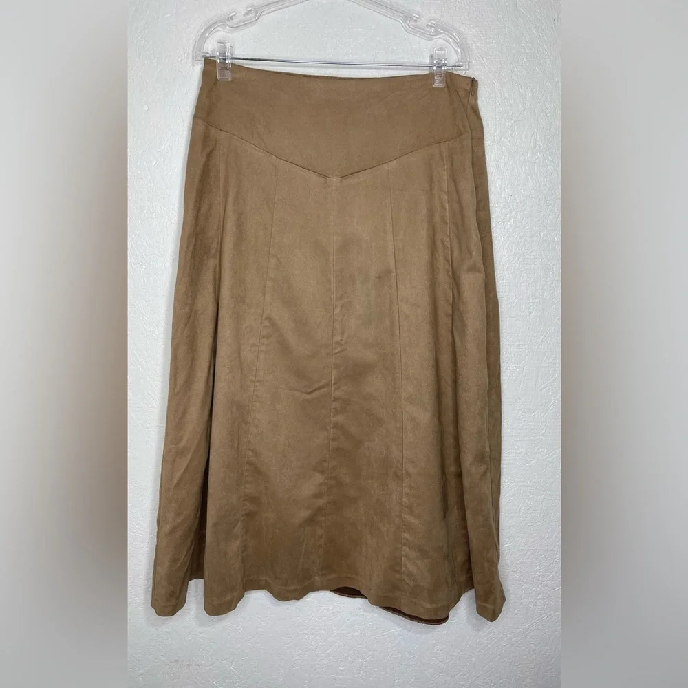 Camel Faux Suede A-Line Skirt High Waist Boho Chic Flowy Midi Western Size Med